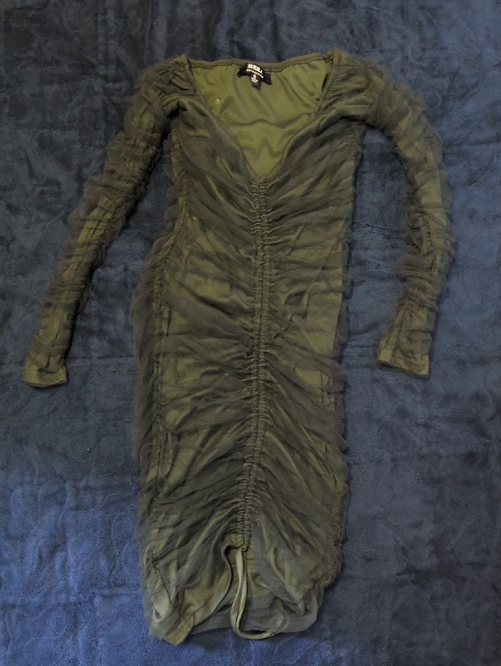 Hera Collection Olive Green Sheer Ruched Long Sleeve Dress
